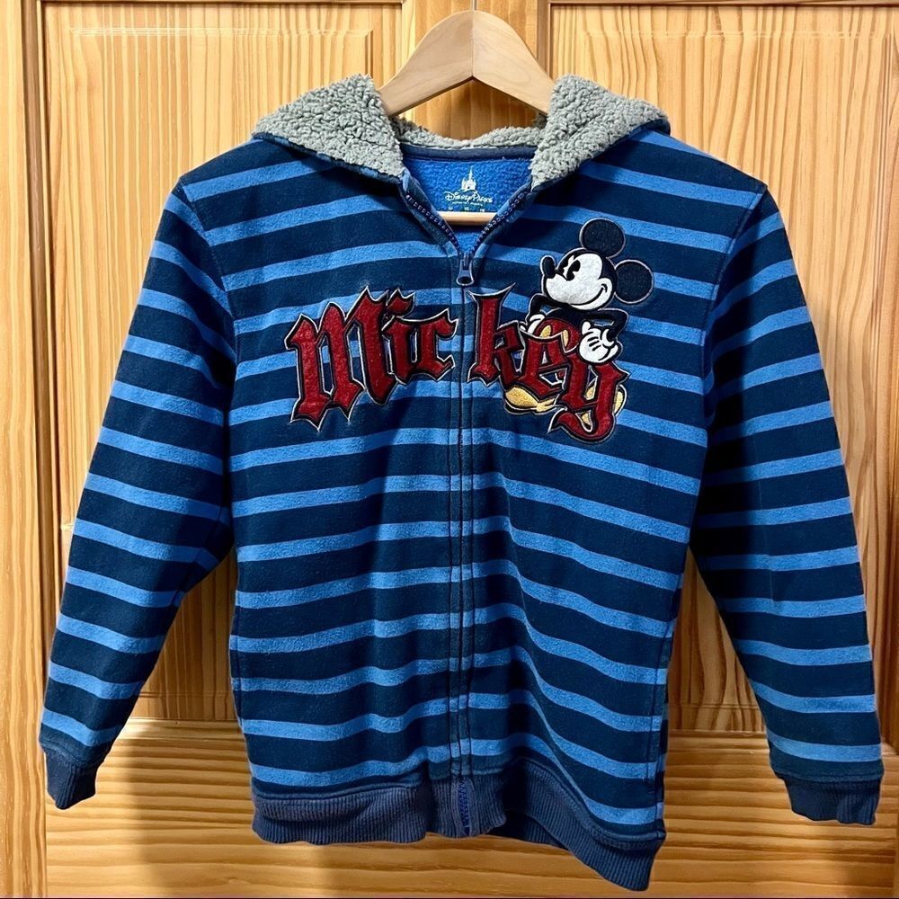 Disney Parks blue striped Mickey fleece lined hood full zip zipper jacket coat M
